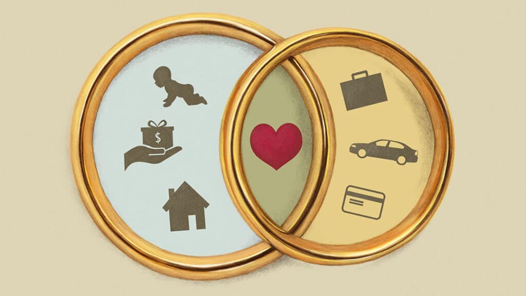 Two wedding rings overlaid with various assets in them