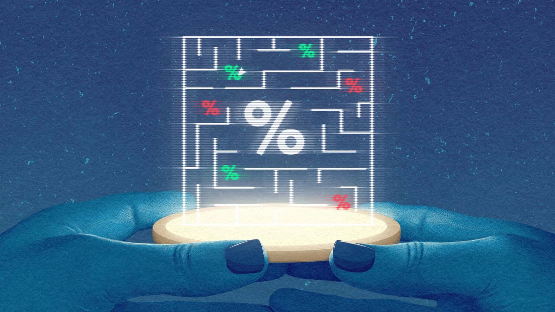 插圖顯示有人雙手拿著極具未來感的全息圖，呈現一個充滿綠色和紅色百分號的迷宮遊戲。
