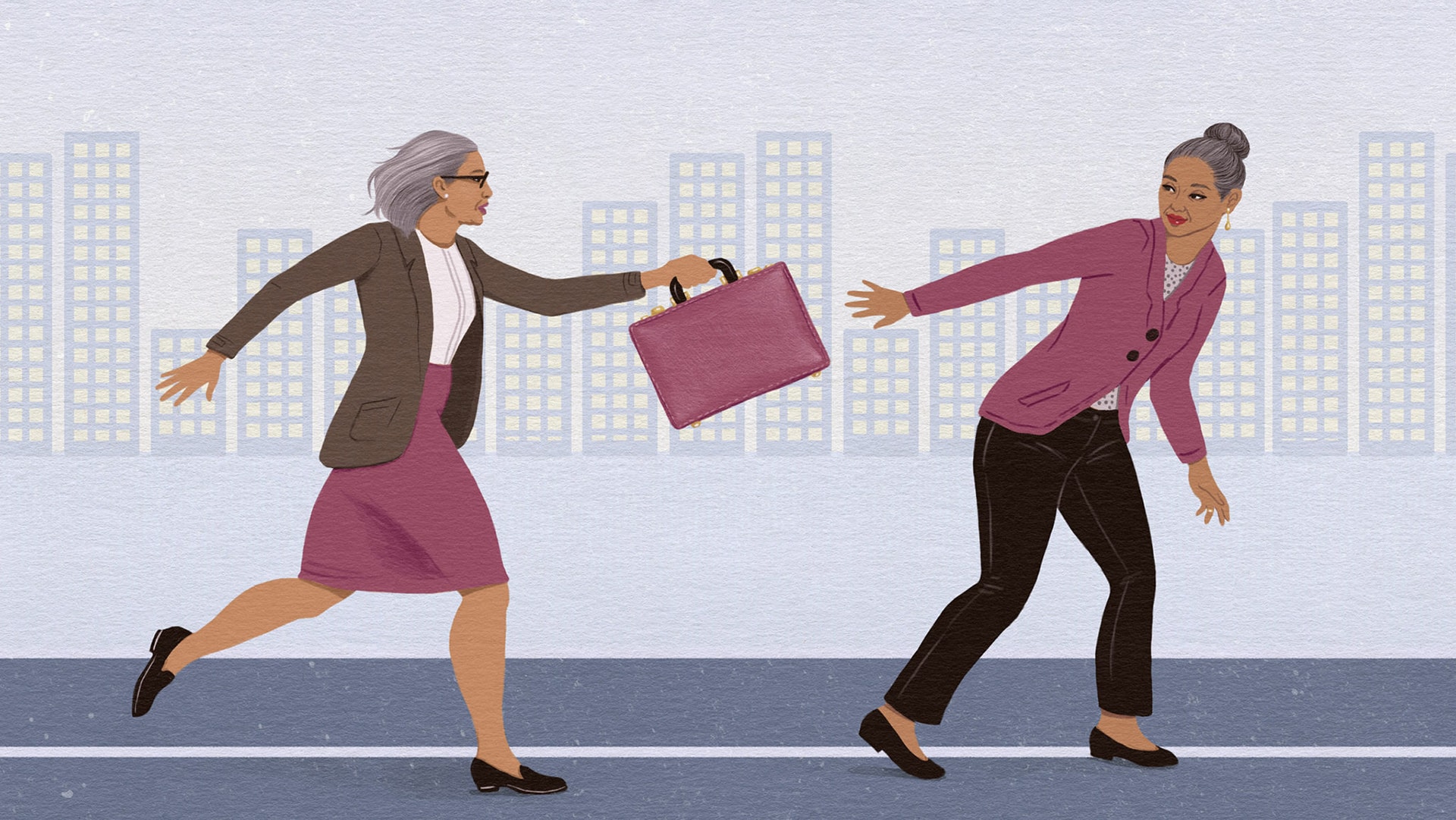 插圖顯示一位女企業東主將公事包傳遞給另一位女企業東主，好像在接力賽中。