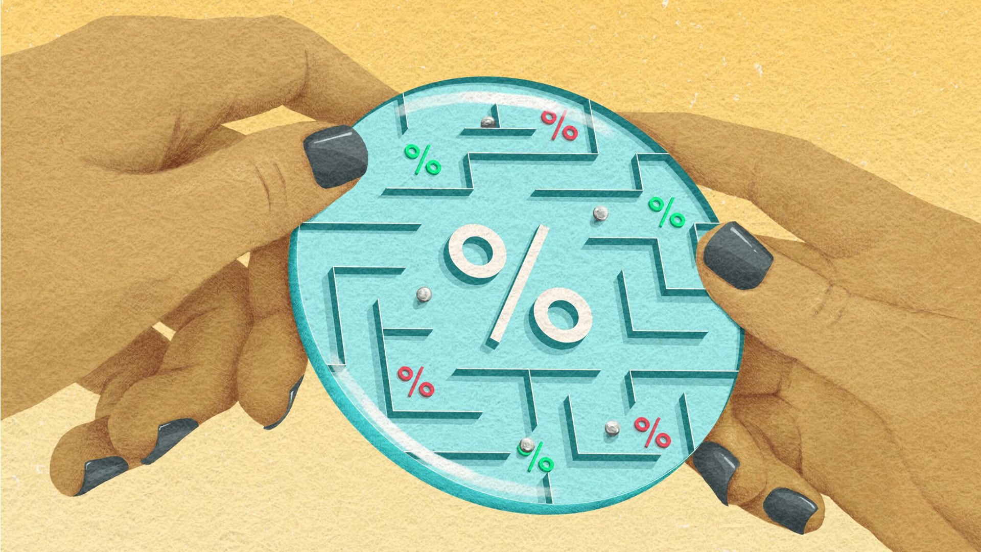 插圖顯示了有人雙手在玩以稅務為主題的彈珠迷宮遊戲。