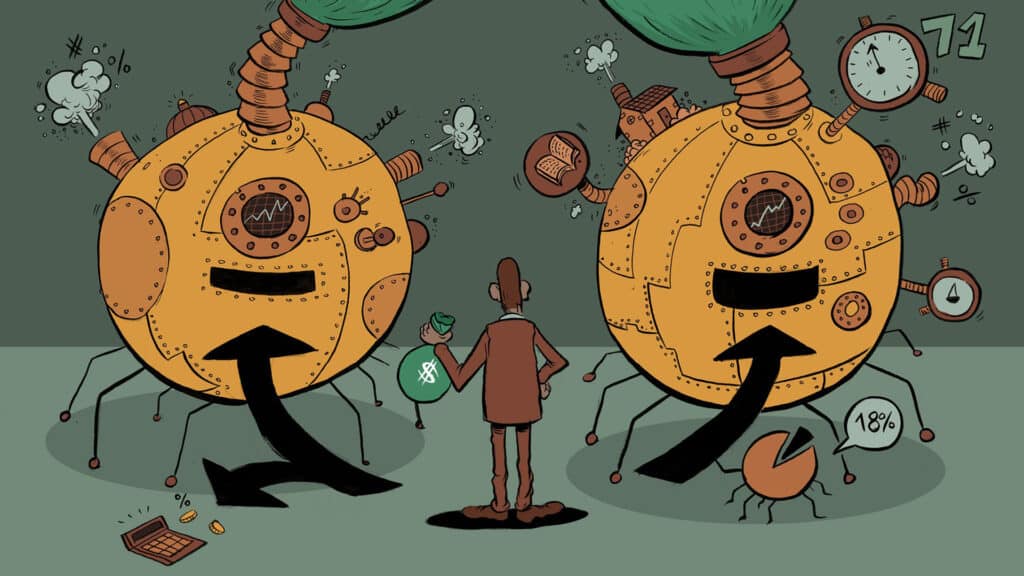 插圖顯示了一個人在TFSA和RRSP之間抉擇，作為他增長財富的方式。