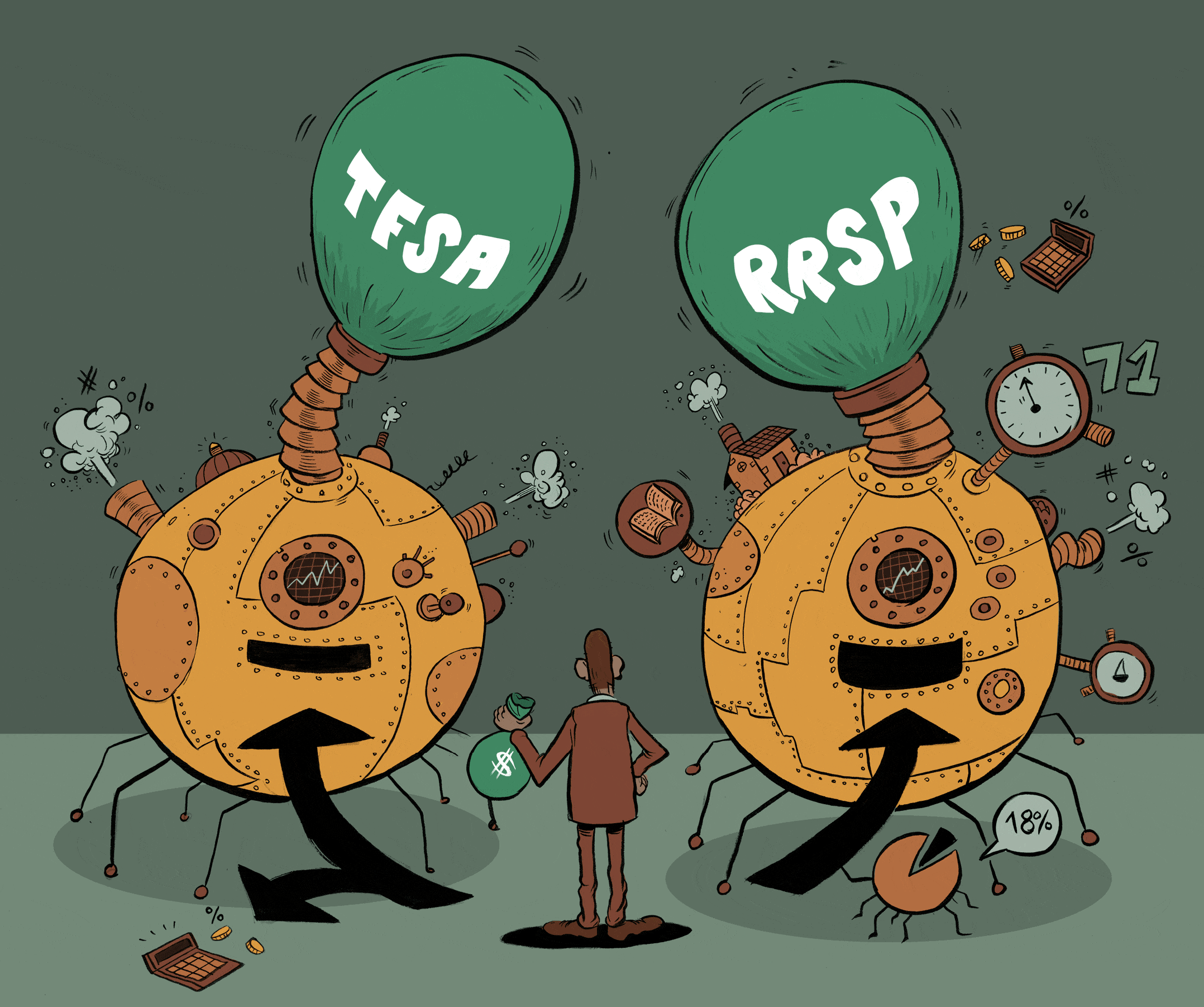 插圖顯示了一個人在TFSA和RRSP之間抉擇，作為他增長財富的方式。