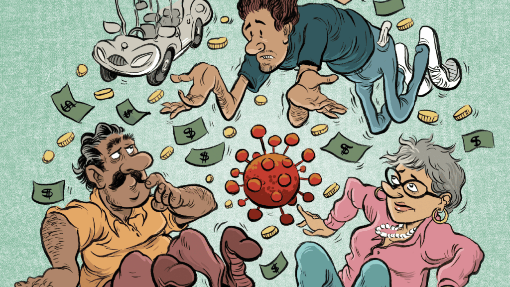Illustration of kids and parents with financial imagery