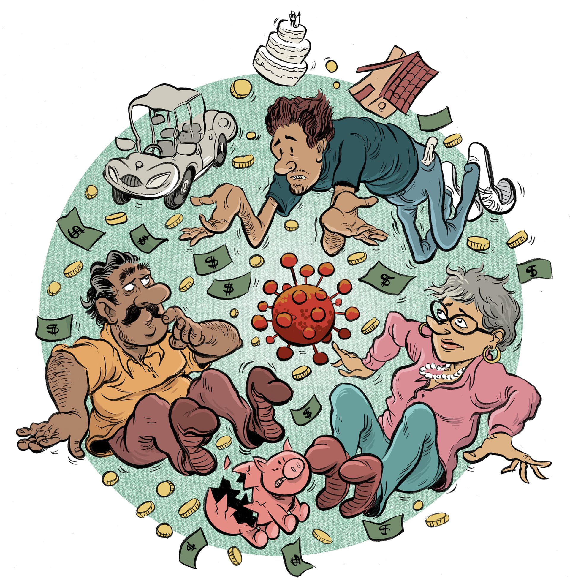 Illustration of kids and parents with financial imagery