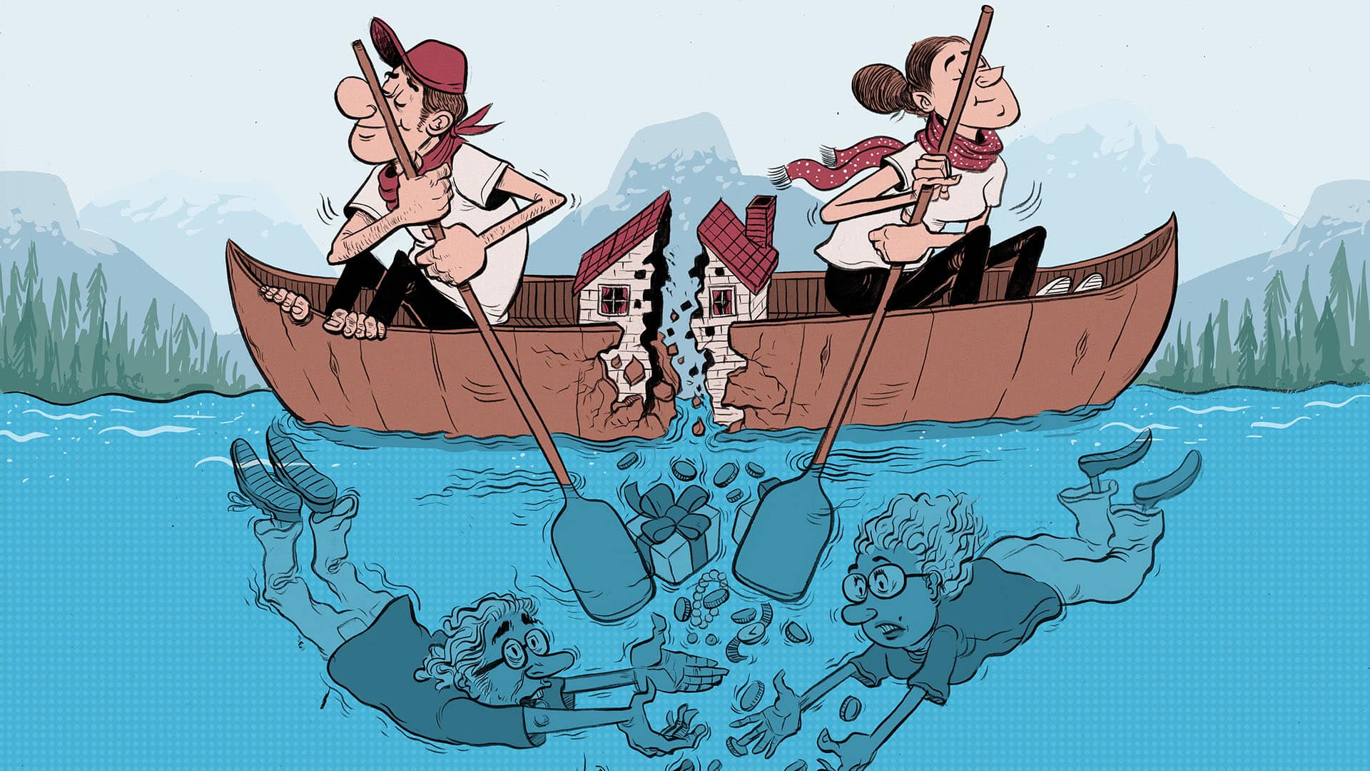 Cartoon of two adults in a boat that is splitting in half with money falling and parents trying to catch it