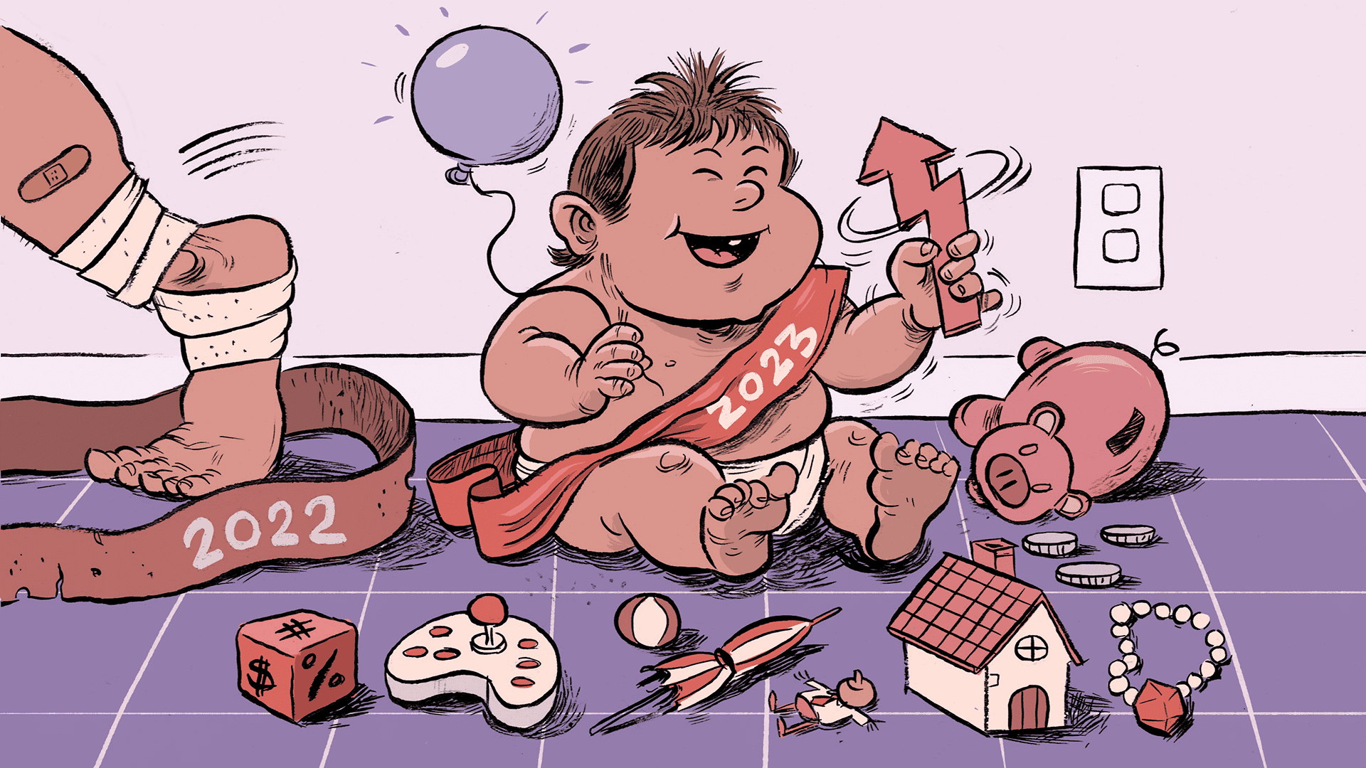 2023 New years baby celebrating with toys around him representing various financial topics, while 2022 adult, tired and injured, walks off the scene