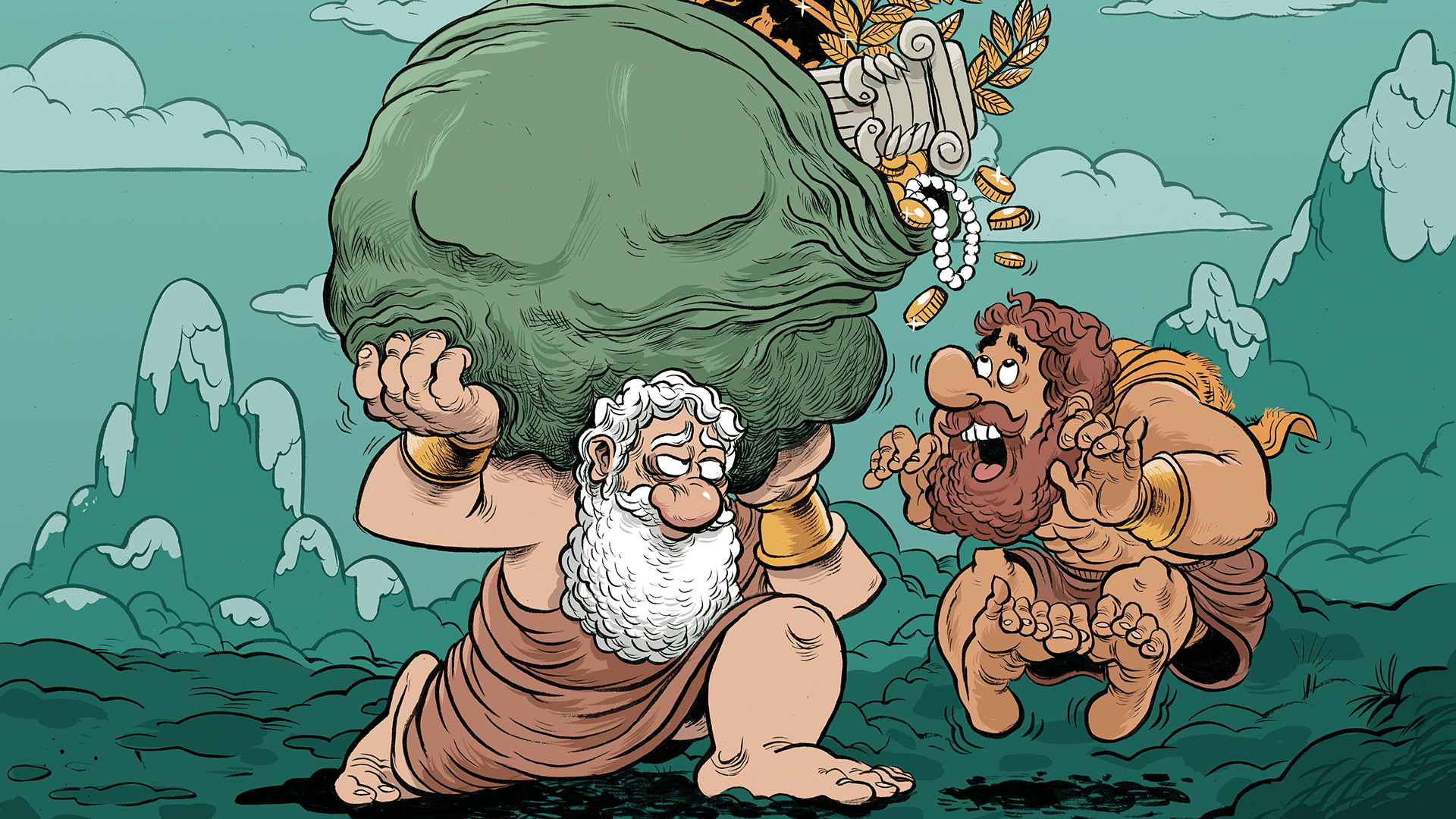 插圖以古希臘神話作比喻，顯示大力神Hercules看到擎天巨神 Atlas背著一大袋財富而非常焦慮不安，想著如果他繼承了這袋財富可能要繳交的各種稅項。