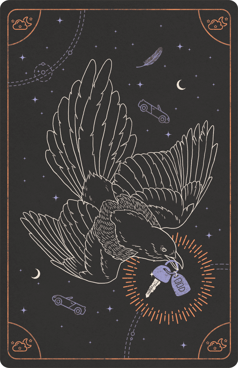 a graphic of a front of tarot card with an illustration of a magpie on it