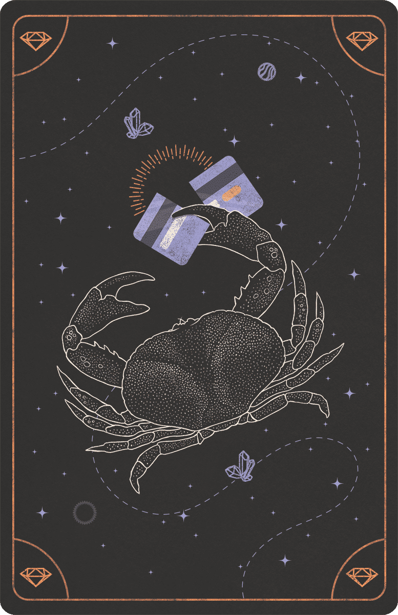 a graphic of a tarot card with an illustration of a crab cutting a credit card with its claws