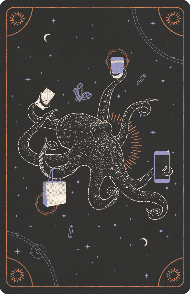 a graphic of a tarot card with an illustration of an octopus with a shopping bag on it