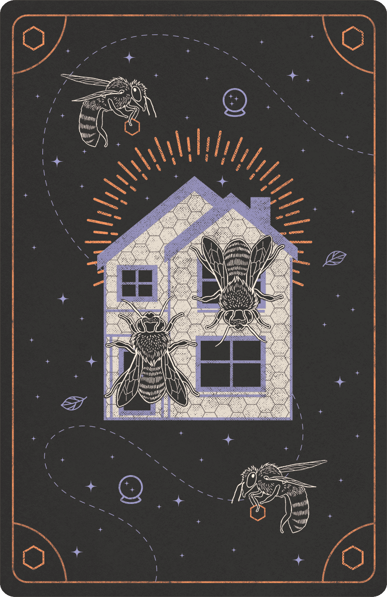 a graphic of a tarot card with an illustration of bees flying around a house on it