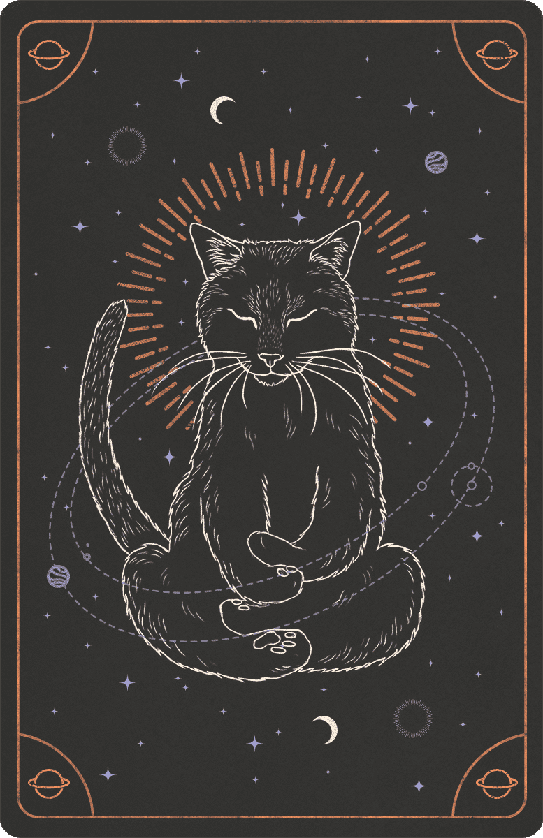 a graphic of a tarot card with an illustration of a cat in a yoga pose on it