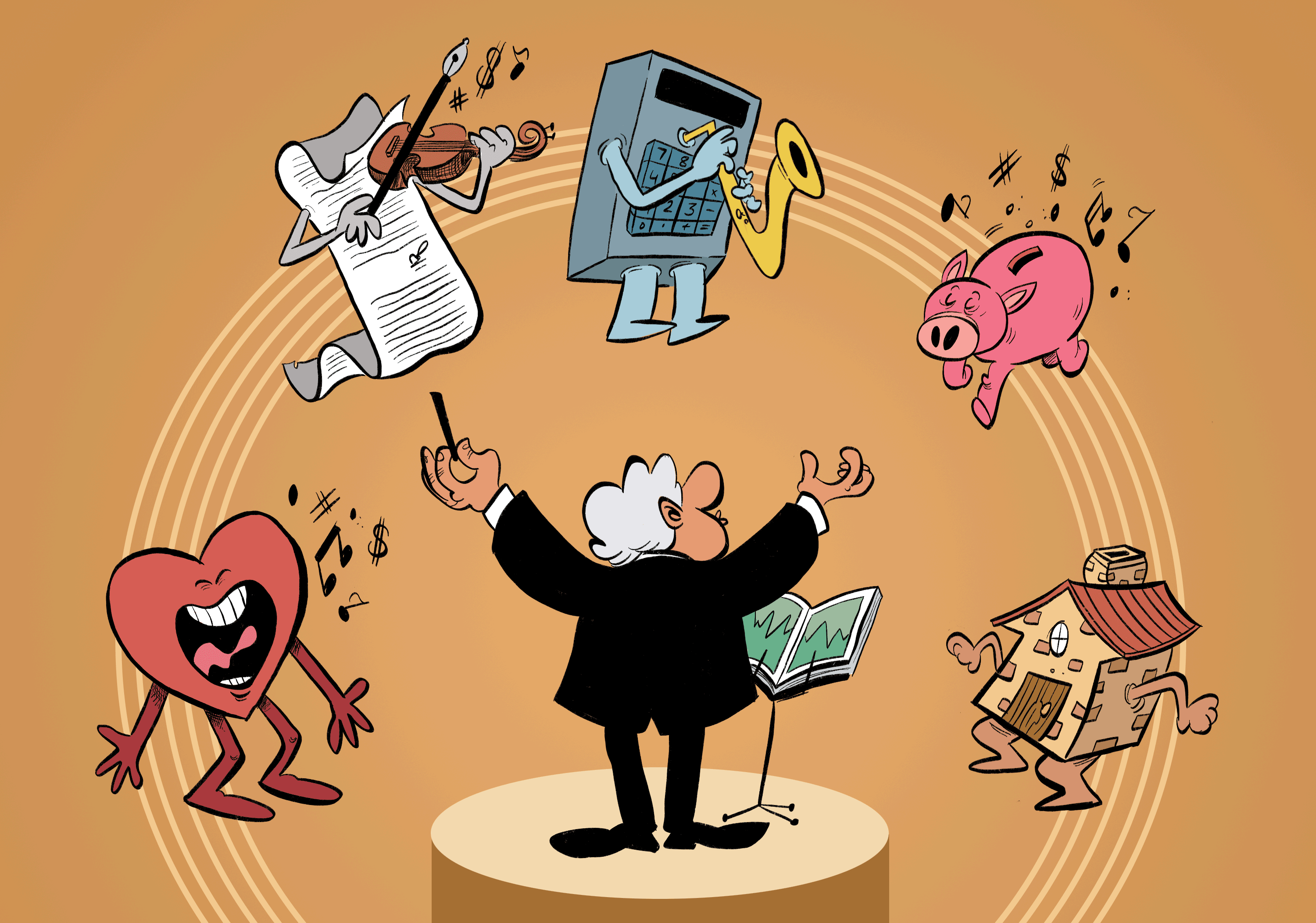 Conductor with orchestra of a heart singing (charity), a paper playing violin (charity), a calculator playing saxophone (taxes), a piggy bank dancing (finance) and a house dancing (property)